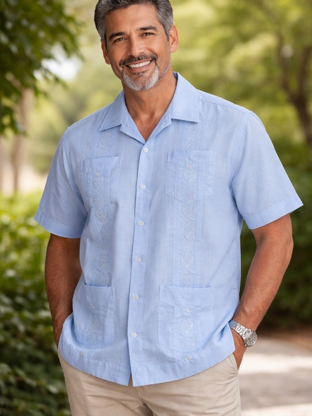 Men's Light Blue Short-Sleeve Embroidered Camp Shirt